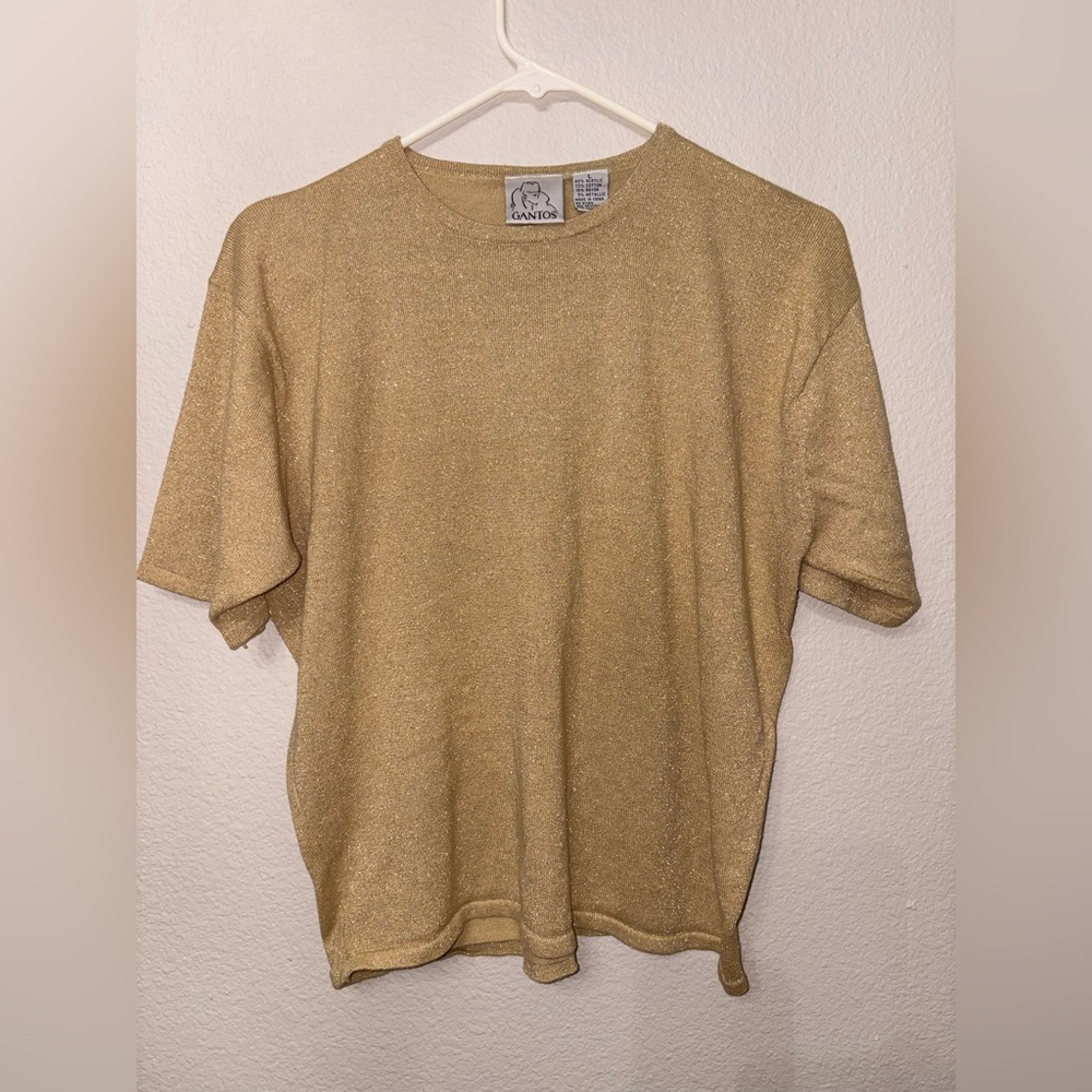 Vintage Gantos Gold Metallic Knit Top Short Sleeve Sweater Women’s Large